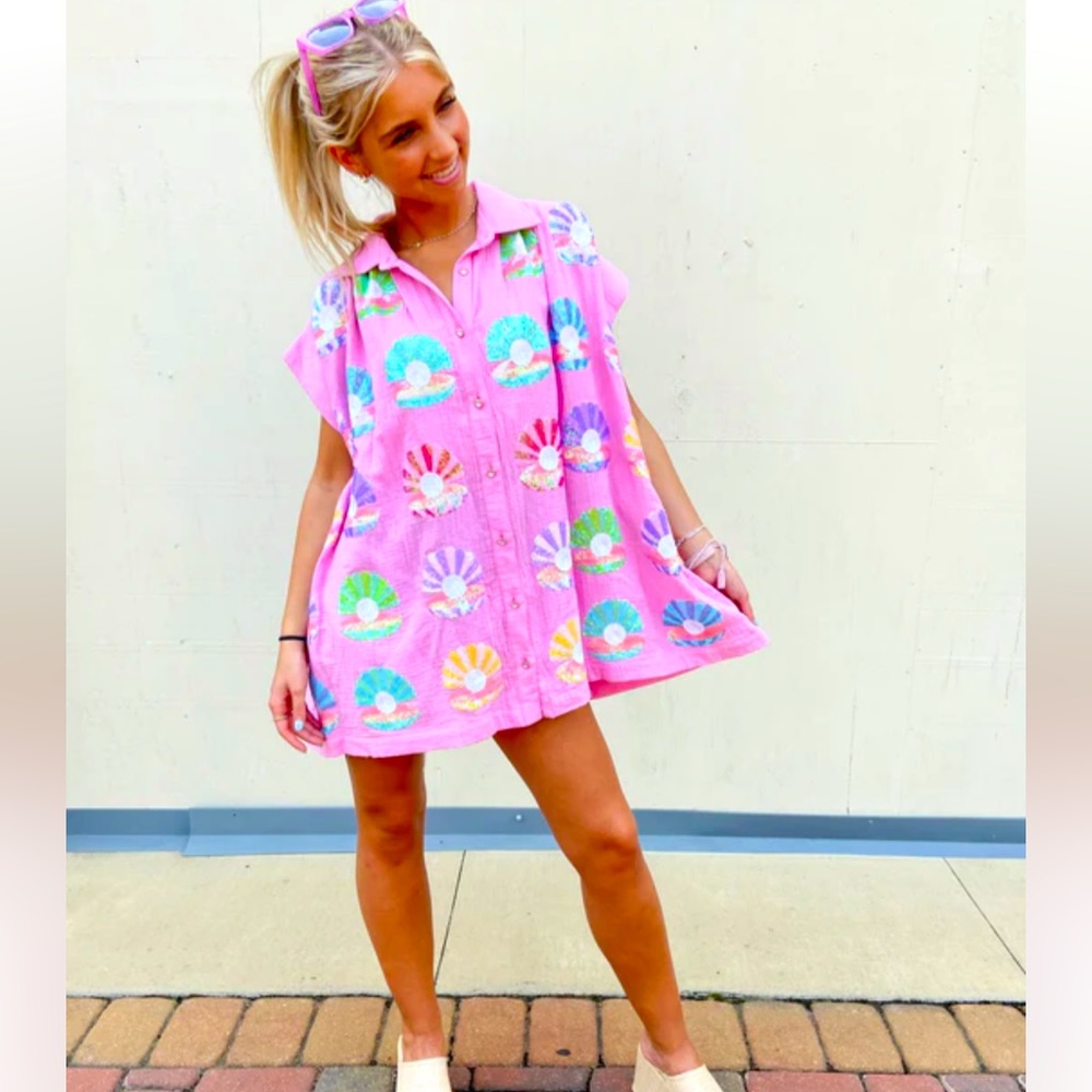 Queen of Sparkles - Pink Gauze Clam & Pearl Shell Dress XS